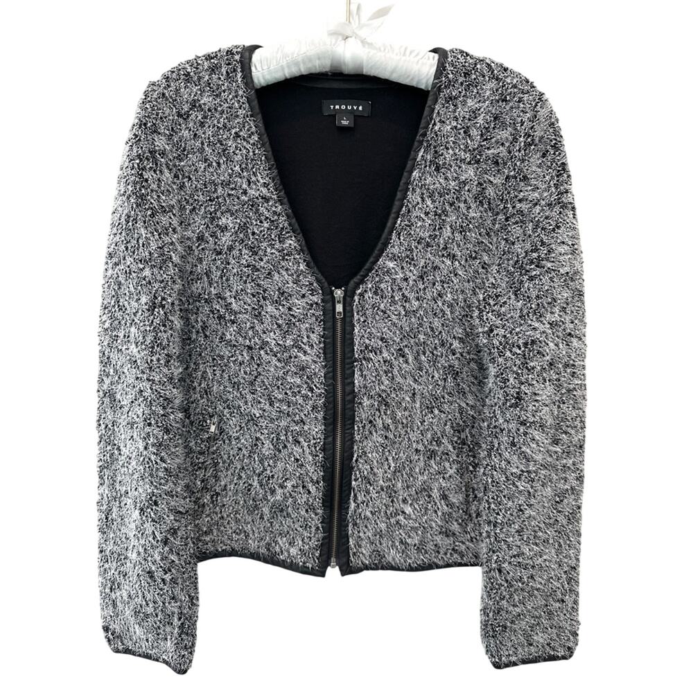 TROUVE Fuzzy Textured Cropped Jacket Gray Black Zip Front Moto Biker Large - Picture 2 of 9